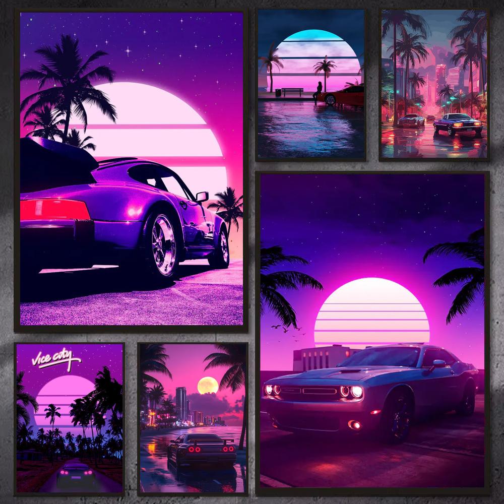 Retro Gaming Art - Poster Kota Mobil Retro Cyberpunk 80-an
